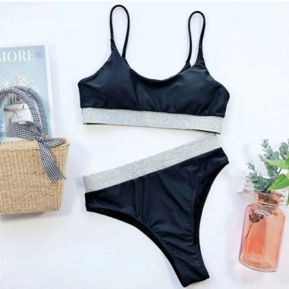 New Black Shimmering Bralette Top Bikini Set Swimsuit Size S